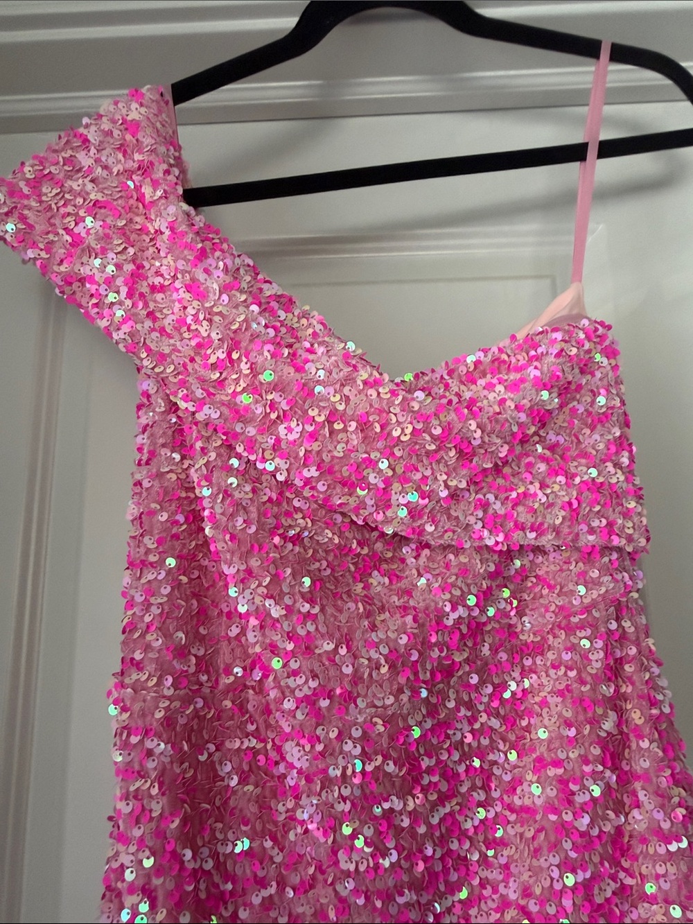 Barbie Vibes One-Shoulder Pink Sequin Dress - Picture 5 of 9